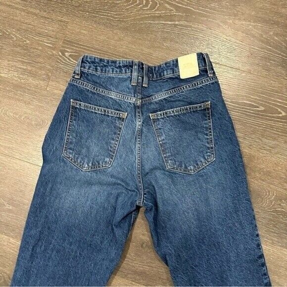 Zara Women’s Blue Straight Leg High Waisted Raw Hem Jeans Size 4 Dark Wash - Picture 8 of 14